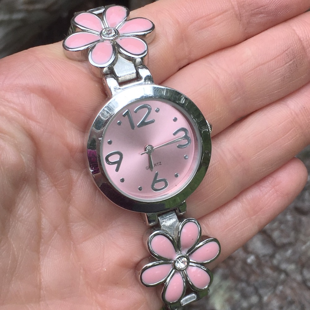 Pink/Silver Tone/Gemmed Bracelet Fashion Watch